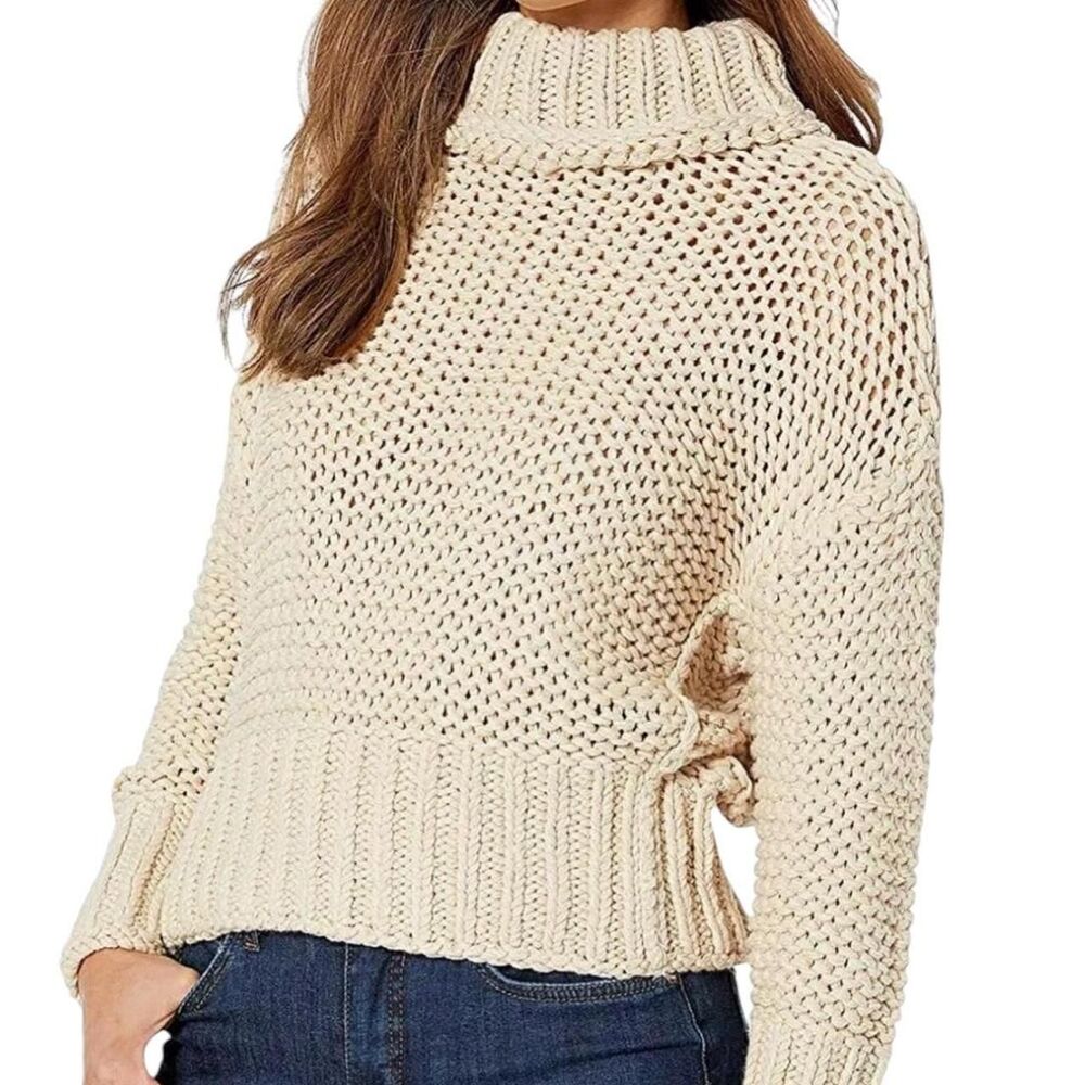 Free People My Only Sunshine Beige Cotton Blend Chunky Knit Pullover Sweater